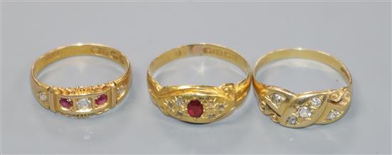 Three 18ct gold and gem set rings, including late Victorian ruby and diamond.